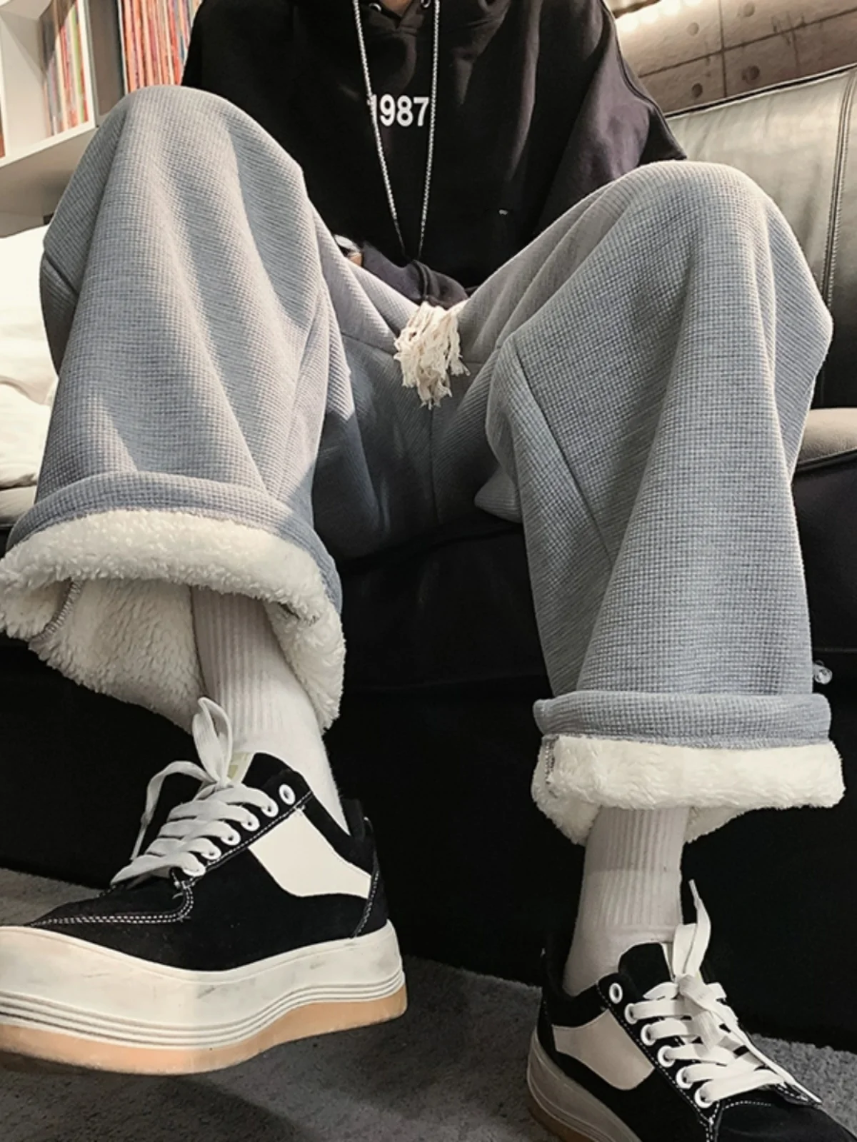 

American Sle ey Lamb Velvet Men's Winter Youth Fce Lined Loose Wide Leg Cotton Pants Trousers for Teenagers