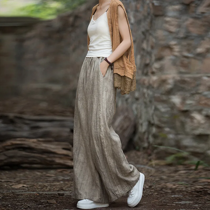 Bohemian Tie-Dye Wide Leg Pants - Stonewashed Ramie Blend Relaxed Fit Trousers