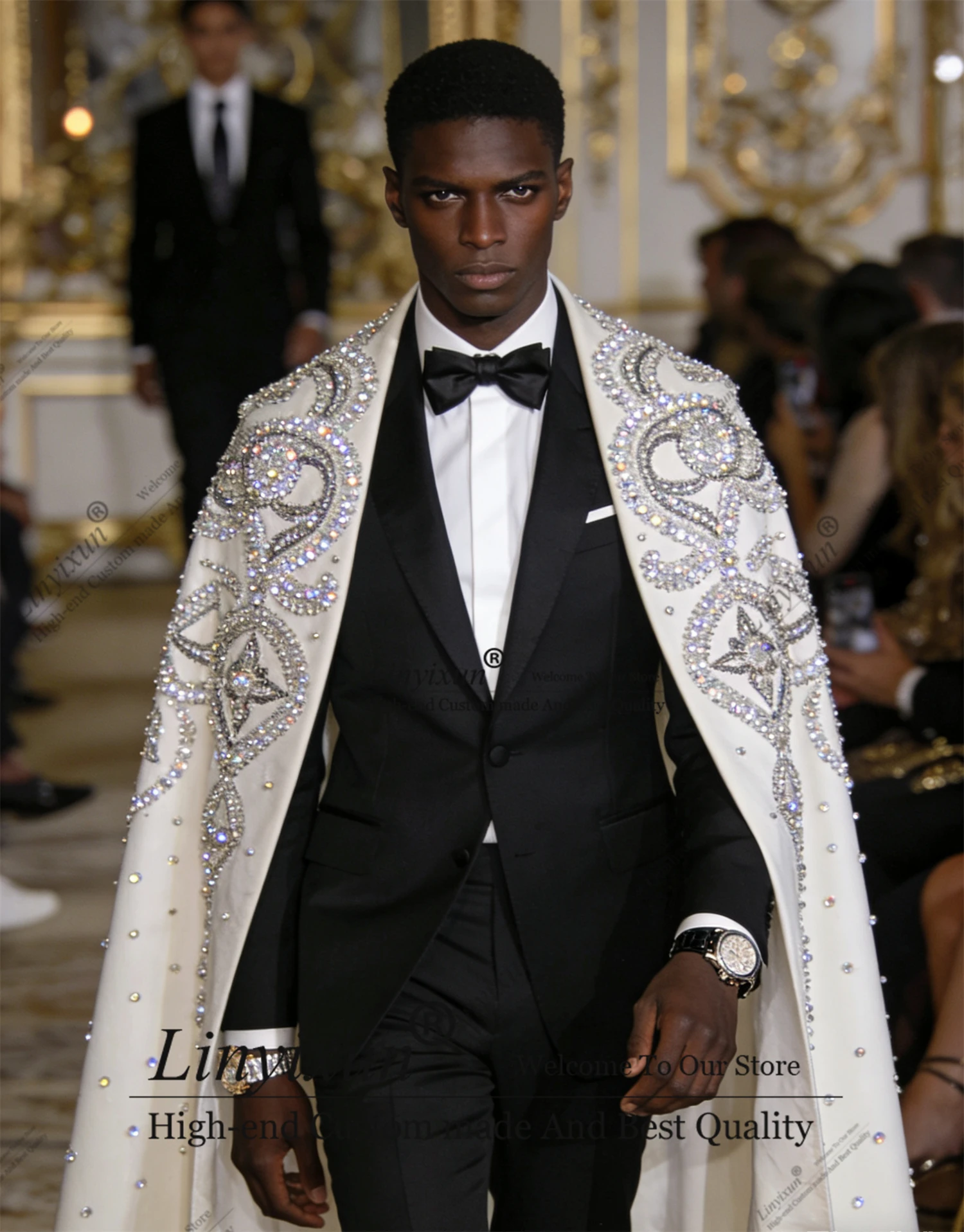 

Fashion Crystals Rhinestones Men Suits 2 Pieces Groom Male Blazers Customized Wedding Tuxedos Slim Formal Ropa hombre With Cape