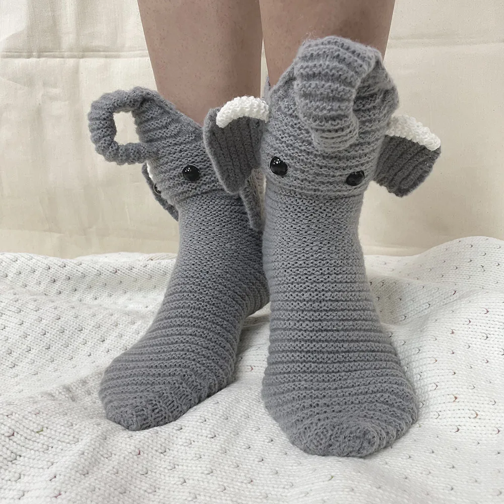 

2Pieces Autumn and winter three-dimensional cartoon floor socks warm elephant knitted wool double cylinder jacquard stockings