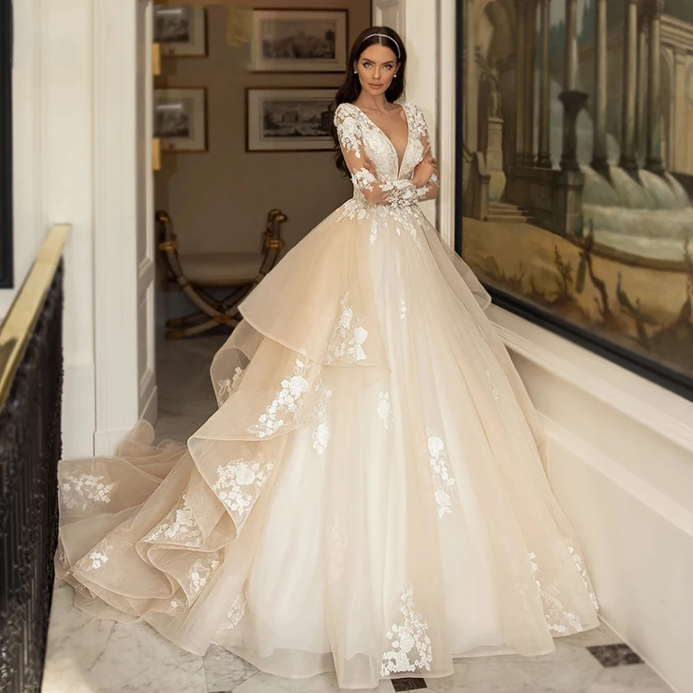 

Luxury Women's Long Sleeve Beading Wedding Dresses 2026 Glamorous Princess V-Neckline Appliques Bride Gowns Vestidos De Novia