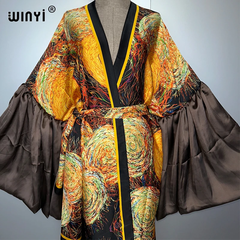WINYI プリント 漢服 着物 イブニングドレス ビーチウェア カバーアップ アフリカ女性用 ルーズ パフスリーブ カーディガン ボヘミアン ホリデー カフタン