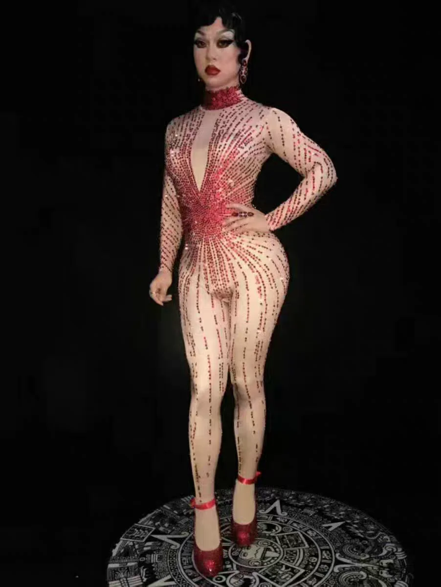 赤いラインストーンレオタードナイトクラブバーパフォーマンスダンス衣装女性の誕生日イブニングクラブパーティージャンプスーツセクシーなショーステージ着用