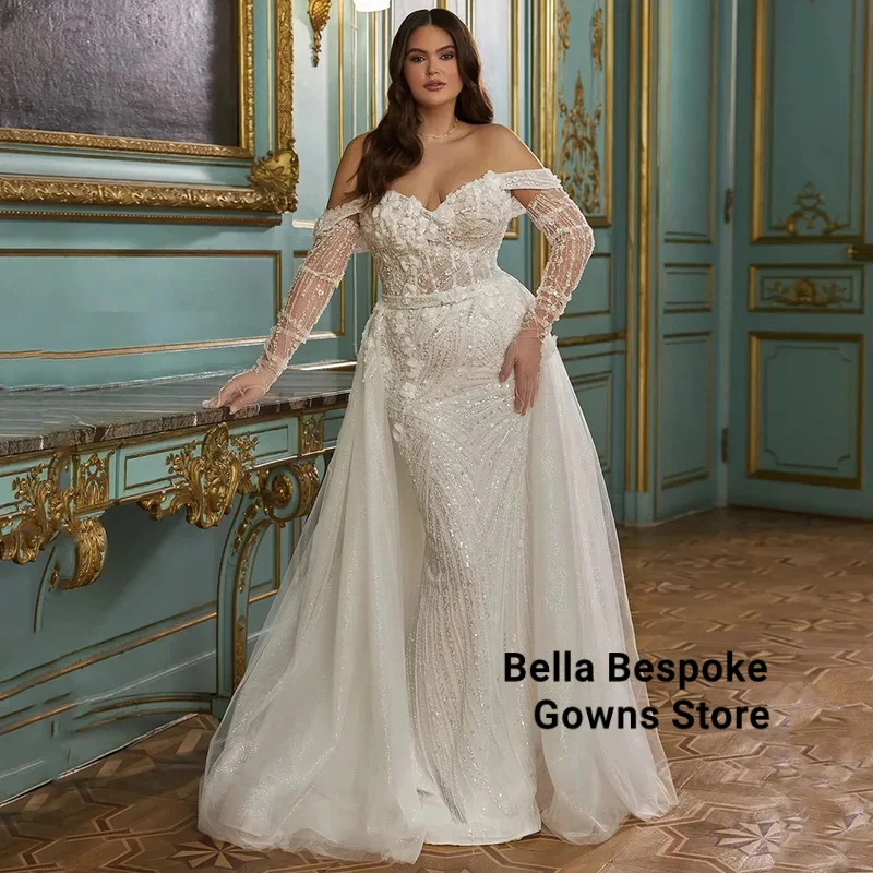 Abito da sposa scintillante taglie forti Treno staccabile Personalizzato con spalle scoperte Sweetheart Perline Sweep Train Abito da sposa arabo