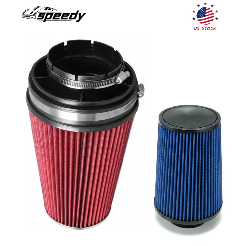 Universal 102mm 4 Inch Long High Flow Inlet Cone Dry Filter Cold Air Intake with Stainless Steel Clamp Blue or Red For Any 4 Inch Air Intake Hose