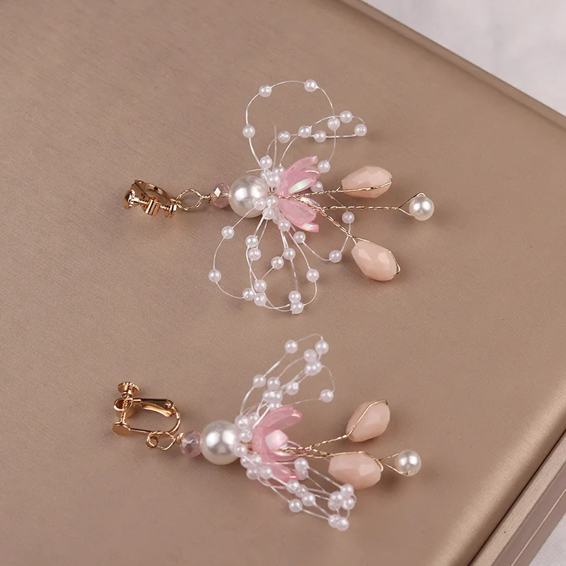 Sweet Bridal Hair Accessories Wedding Women Pearl Hairband Fairy Pink Girl Head Flower Crown Golden Wire for Female Decoration