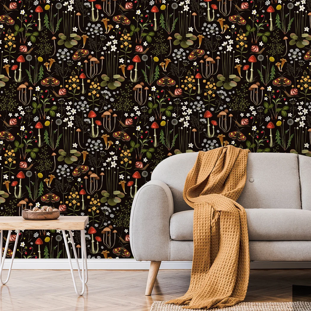 Black Forest Plant Animals Wallpaper Home Cabinet Decoration Mushroom Butterfly Floral Contact Paper for Kids Room Wall