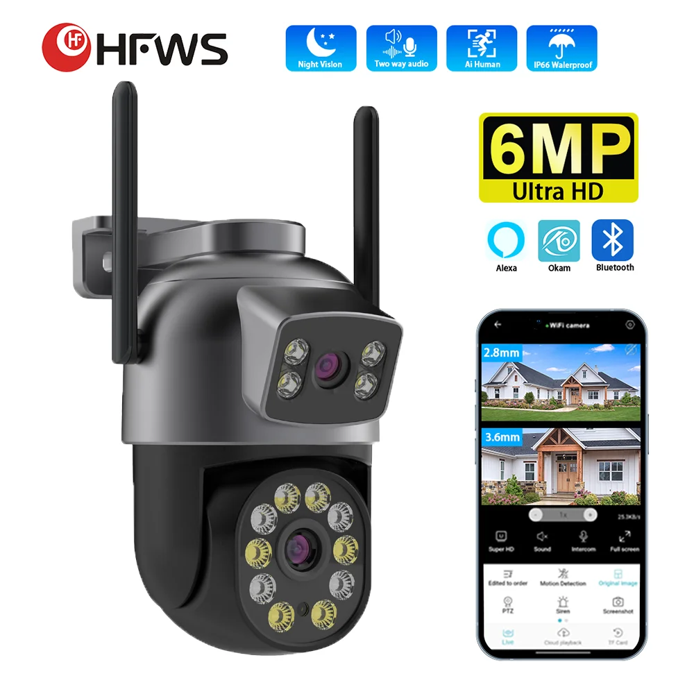 

6MP WiFi PTZ outdoor camera AI automatic tracking high-definition dual lens screen CCTV IP camera audio and video monitoring