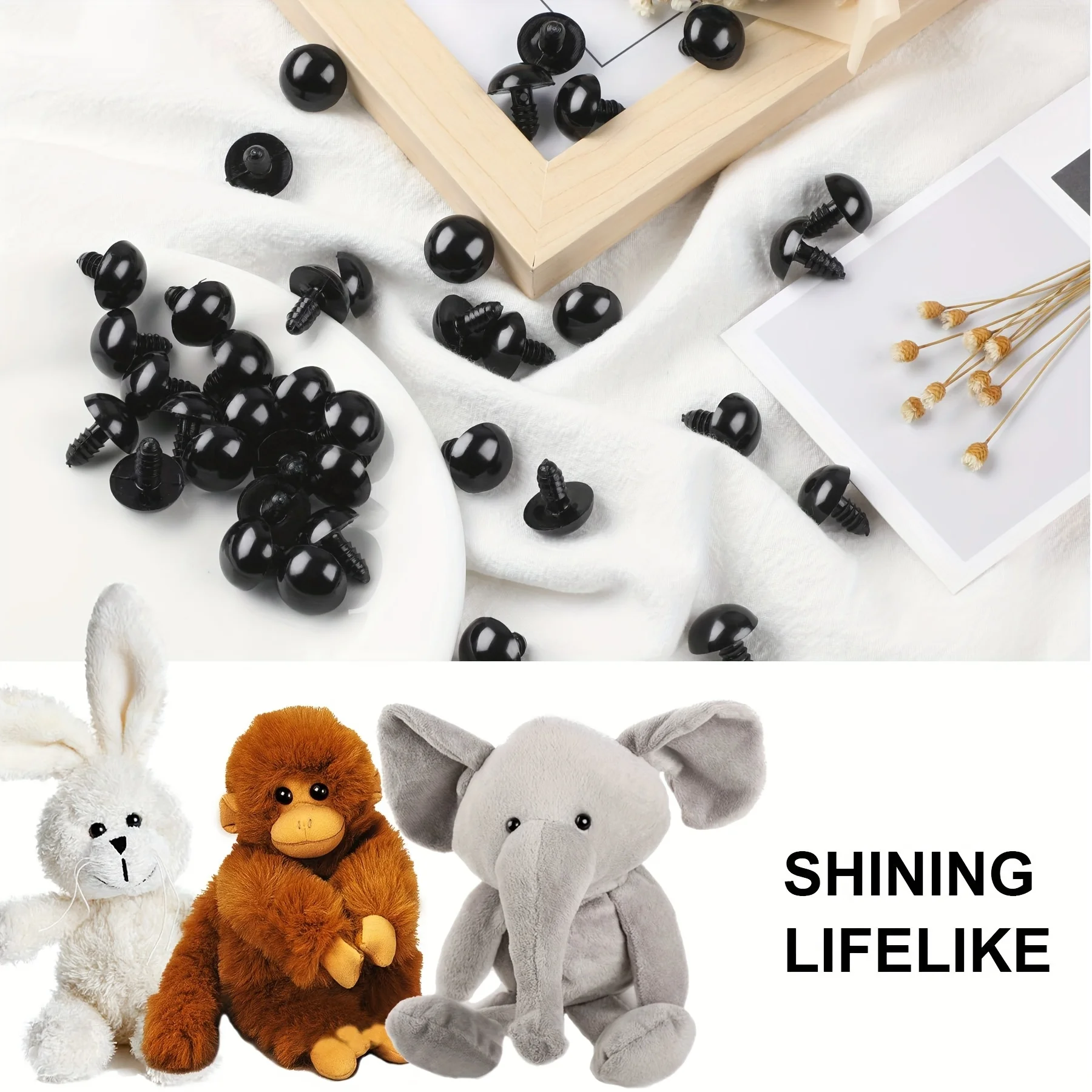 100er-Pack Sicherheitsaugen für Amigurumi – 5–16 mm schwarze Kunststoffaugen mit Unterlegscheiben für Stofftiere und Häkelarbeiten – Detail 2