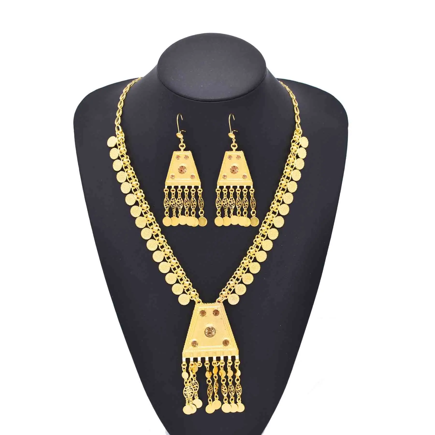 Arab Ethnic Golden Coins Crystal Geometric Moon Pendant Necklace Earrings for Women Vintage Afghan Kurdish Statement Jewelry Set