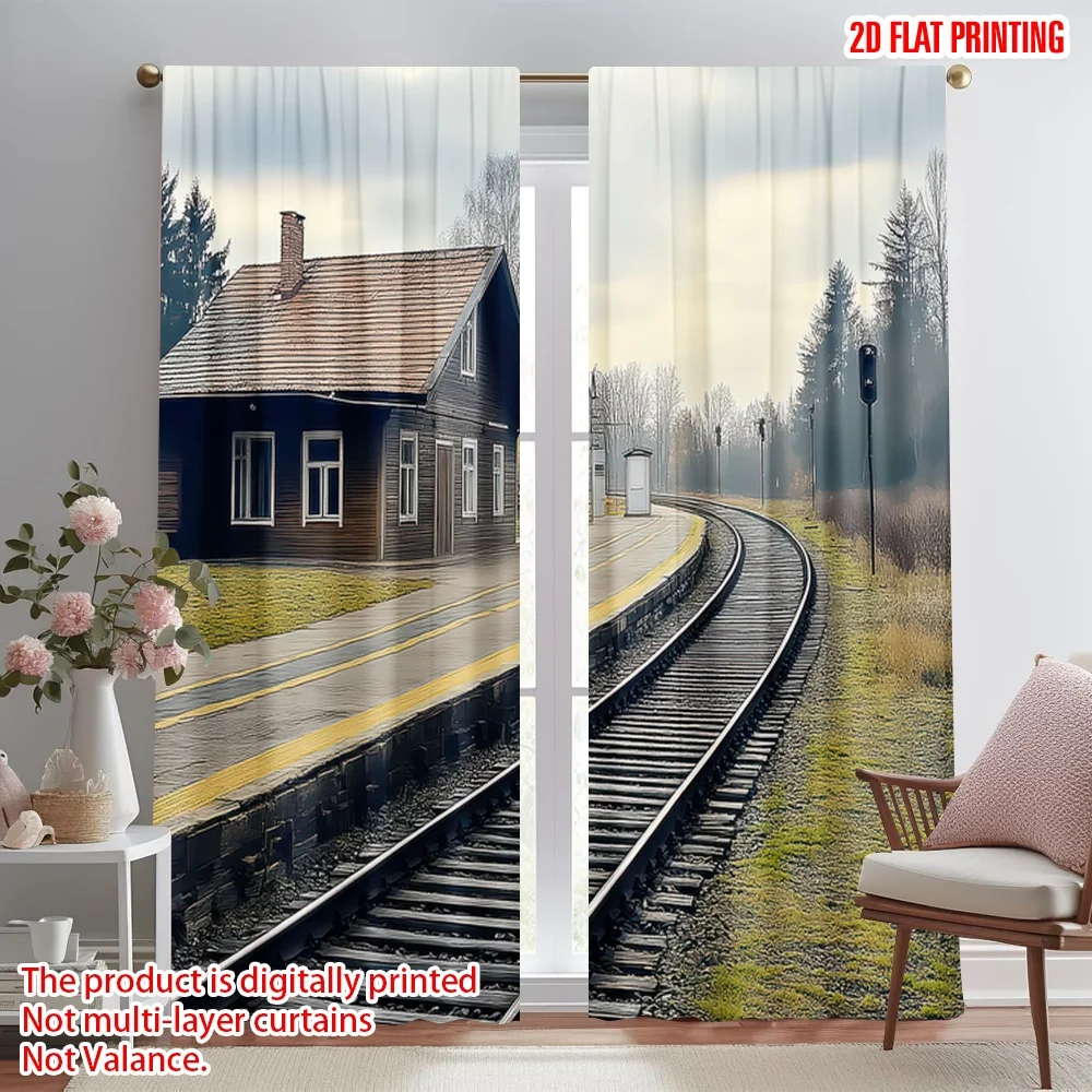 

2D flat printing 2pcs Window Drapes Rural Train Station Scene Digital Printed Polyester Drapes Festive Wall Decor for Photo
