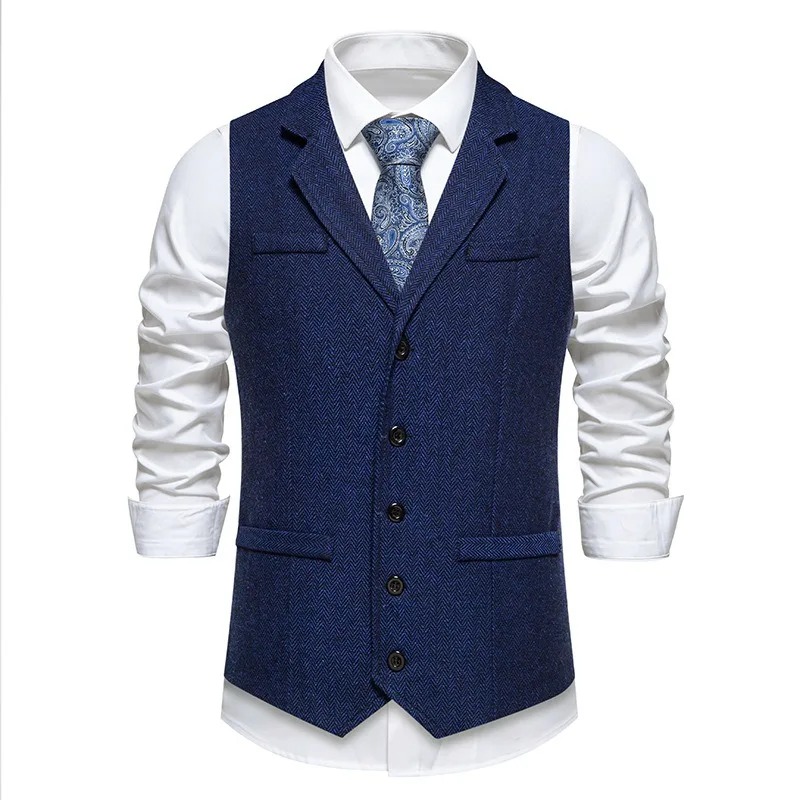 Men's British Vintage Tweed Waistcoat Lapel Collar Sleeveless Suit Vest Single Breasted Business Wedding Slim Fit Chic Vests