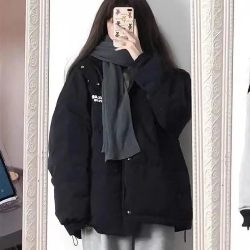Parka donna trendy contrasto colore lettera stampa colletto alla coreana antivento inverno caldo addensare vitalità giovanile capispalla con cerniera allentata