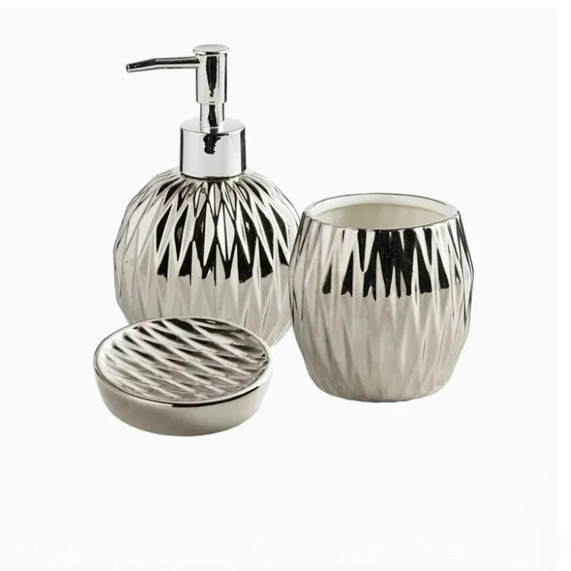 Nordic Style 3pcs Bathroom Accessories Set Gold Silver Ceramic Soap Box Toothbrush Holder Cup and Lotion Dispenser Bottle Set