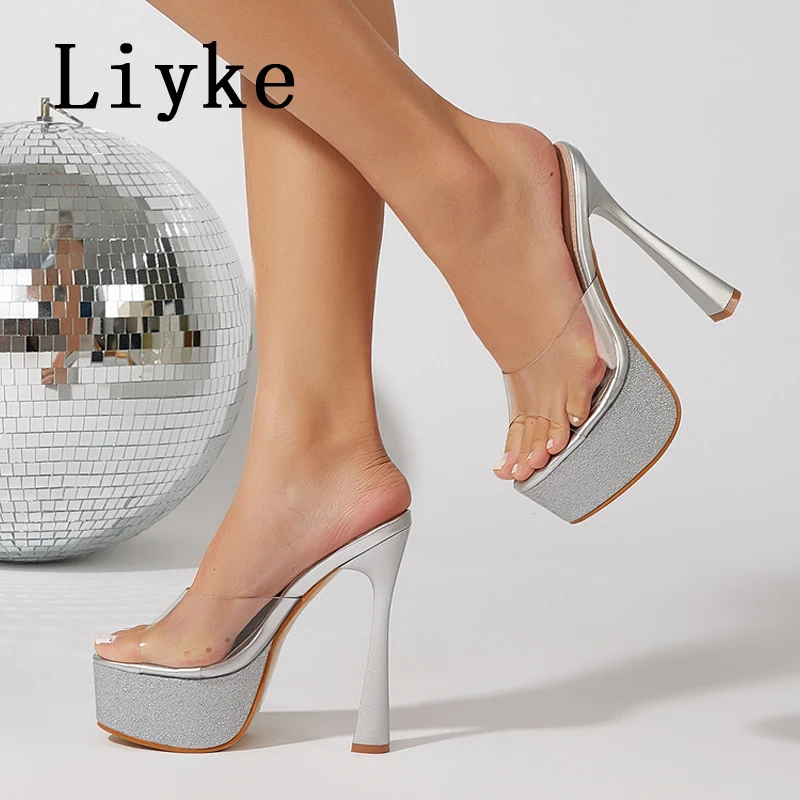 Liyke PVC Transparent Women Platform High Heels Modern Slippers Ladies Sandals Summer Fashion Party Dress Shoes Golden Silver