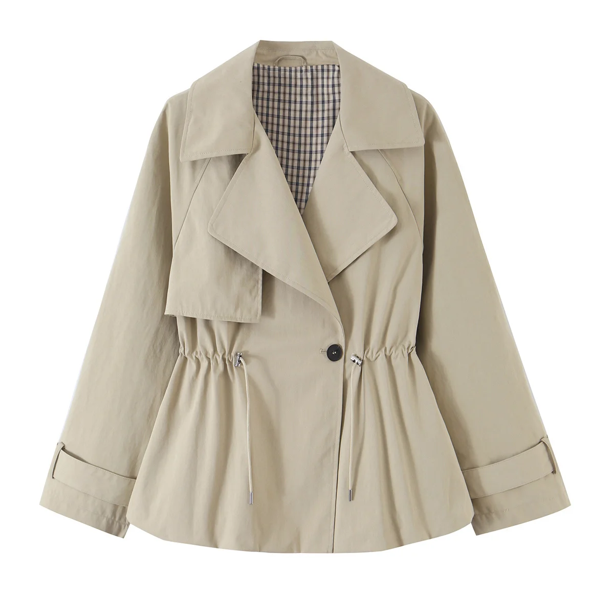 Damen-Trenchcoat mit Reverskragen, schick, verstellbarer Doppelzugband-Taille, Ein-Knopf-Verschluss, einfarbig, modisch, lässig – Detail 2