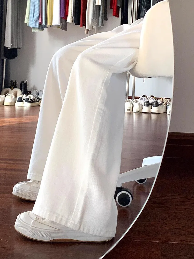 Loose Fit High Waist Wide Leg Jeans Women's Slim Sle White Denim Pants Autumn New Street Sle Lazy Slimming Floor-Length