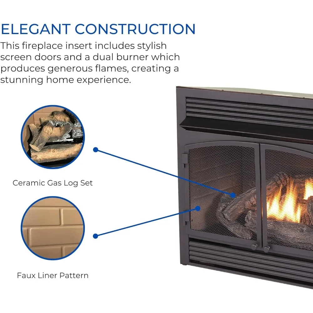 Dual Fuel Ventless Gas Fireplace Insert, Remote Control, 6 Fire Logs, Use with Natural Gas or Liquid Propane, 32000 BTU, Heats