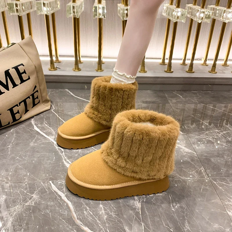 Thickened plush mid-calf snow boots for women warm round Parker winter fashion casual snow boots