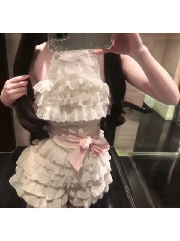 

Cute Splice Lace Neck Hanging Sleeveless Top Knot Puffy Skirt Two Piece Set New Style Sweet And Spicy Girl Outfit
