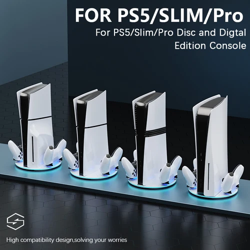 Imagen 2 del producto Soporte de consola Vertical con dos ranuras de carga USB para PS5,PS5,Pro, PS5 Slim con luz RGB para PS5 y controlador Edge