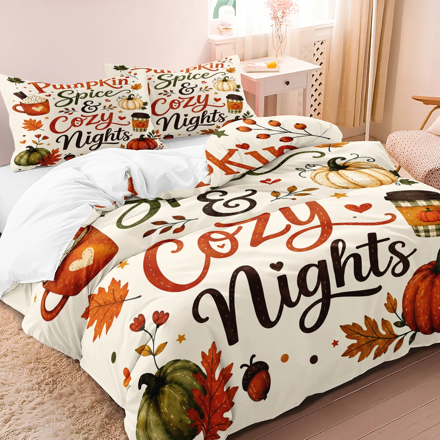 3Pcs Pumpkin Spice Nights Autumn Duvet Cover Set, Maple Leaf Acorn Coffee Cup Pattern, Farmhouse Thanksgiving Bedroom Decoration