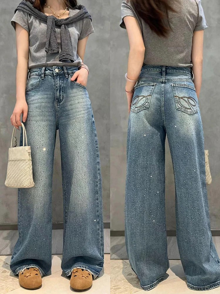 

iny Diamond Embellied Wide Leg Women's Jeans Spring 2026 High Waist Denim Pants Glittering Thermal Non-Stretch Spring Autumn