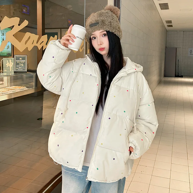 Korean Style Polka Dot Hooded Cotton Coat for Women New Loose Long Sleeve Thick Warm Bread Jacket Winter Sweet Parkas Outerwear