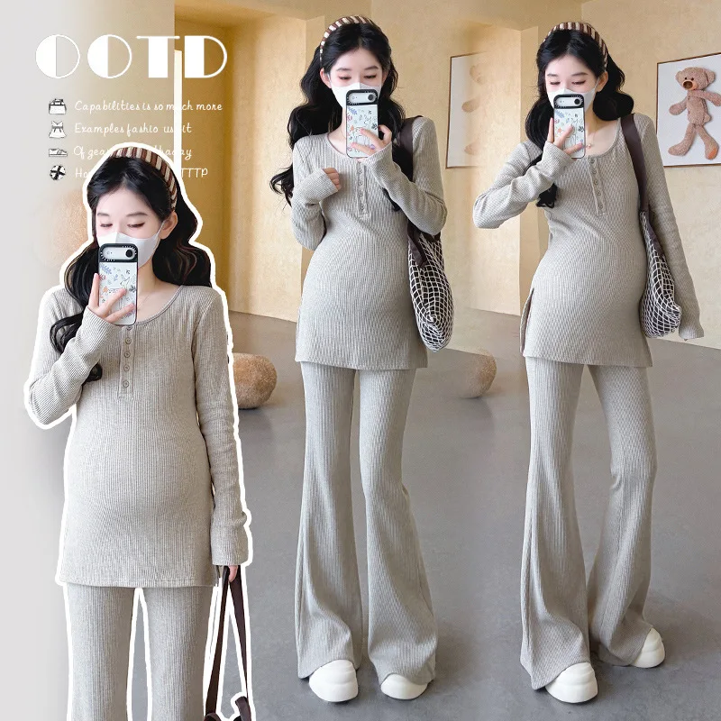 

Maternity Clothes Spring Autumn 2026 Minimalist Soft Comfortable Slim Knit Top and Flare Pants for Pregnant Women Homewear