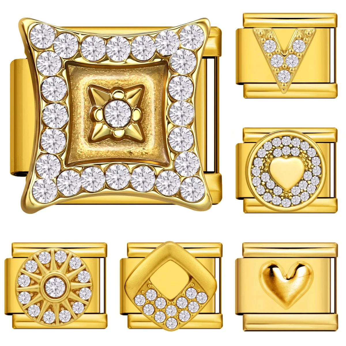 URING Glänzender Zirkonia Modischer Goldfarbener Edelstahl Italienischer Charm-Anhänger Passend für 9mm Armband DIY Schmuckzubehör – Detail 1