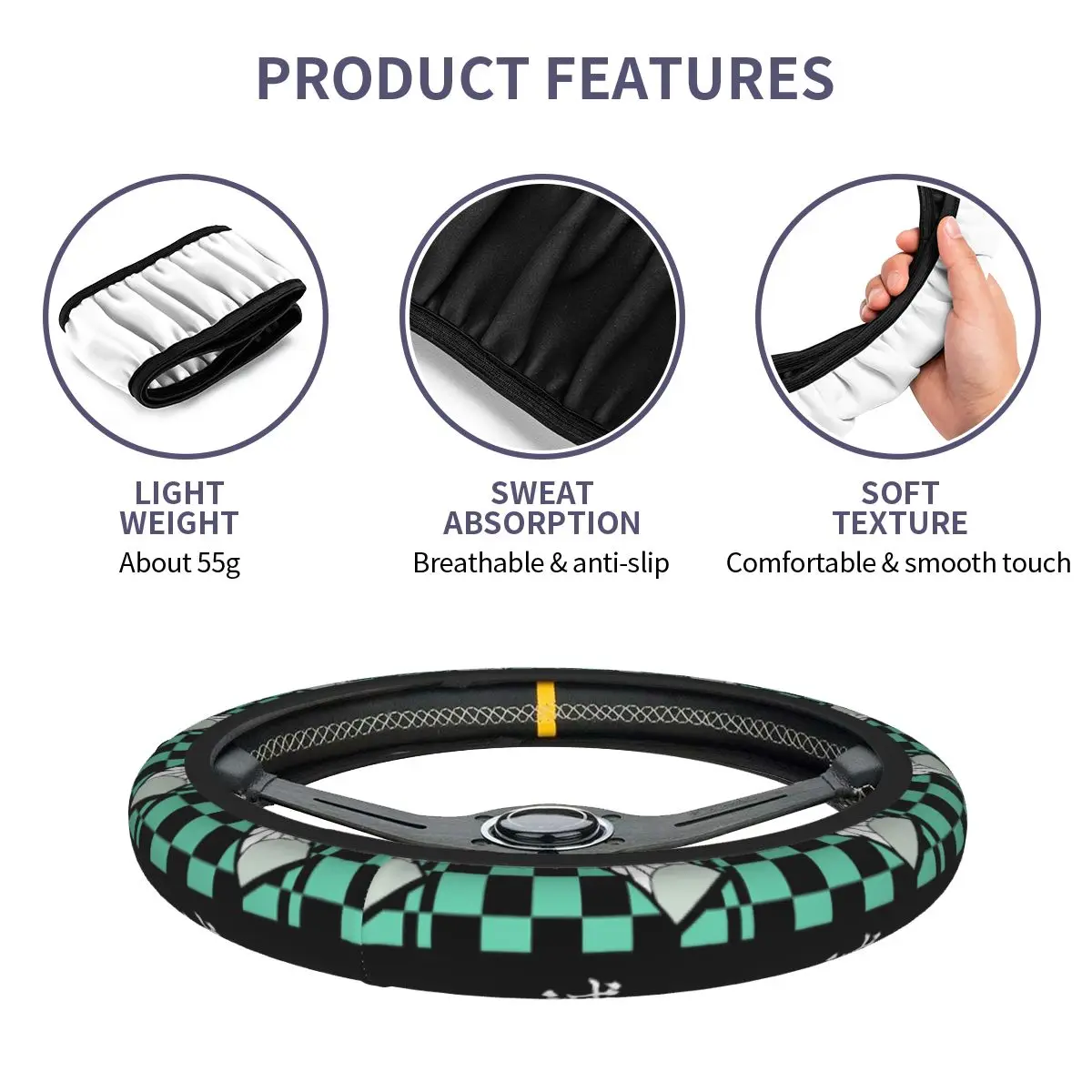 Tanjiro Kamado غطاء عجلة توجيه سيارة 38 سنتيمتر القتلة المرنة طباعة K-Kimetsu أنيمي Elastische سيارة التصميم اكسسوارات السيارات