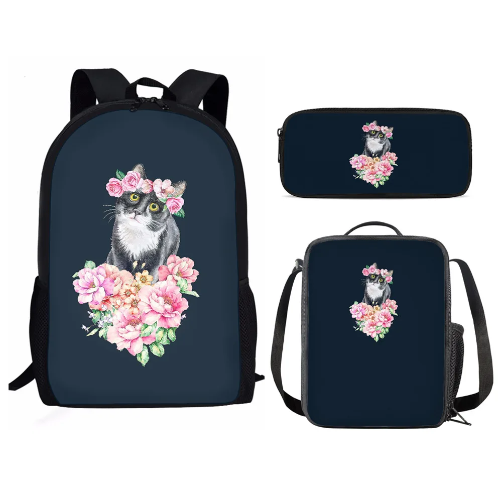 Tas ransel motif bunga harimau, tas ransel Laptop motif 3D, tas buku siswa sekolah motif kartun sederhana dengan tas makan siang dan tas pensil