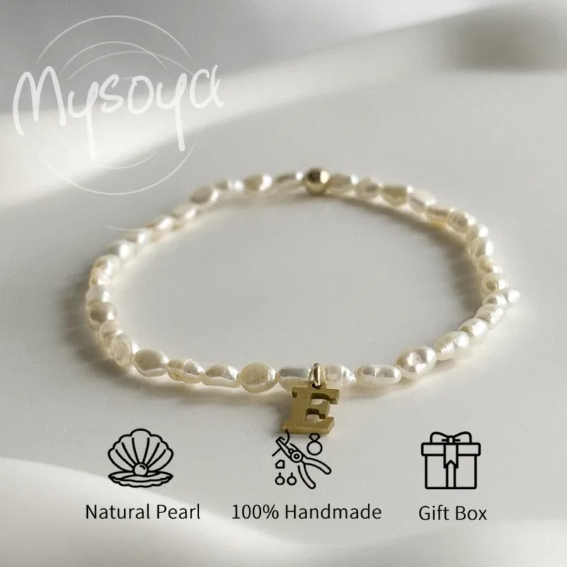 

MYSOYA White Baroque Pearl Letter Bracelet 3-4mm With Gift Box For Him/Her Birthday/Wedding/Christmas/New Year Gift