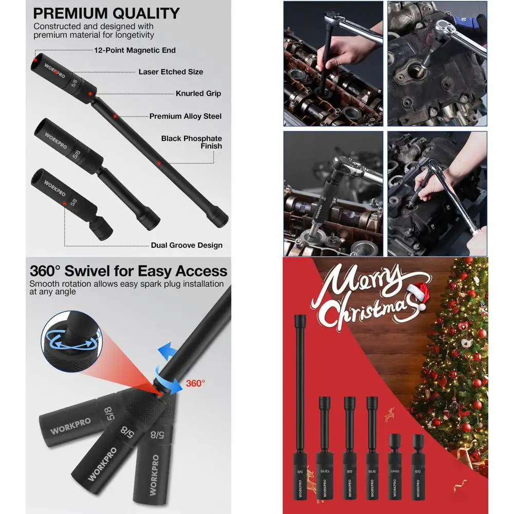 

Набор из 6 магнитных головок для свечей зажигания с приводом 3/8 дюйма — 12 точек, в комплект входит 9/16 дюйма, 5/8 дюйма, 13/16 дюйма, 14 мм с удлинителями 4 дюйма, 6 дюймов, 11 дюймов