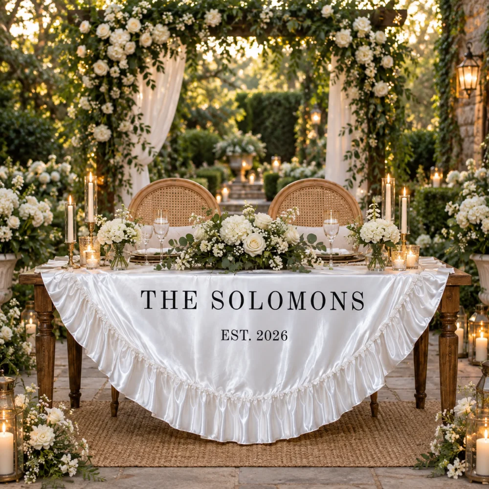 1Pc Personalized Custom Text Satin Tablecloth Ruffle Round Table Cover for Wedding Reception Sweetheart Table Engagement Decor