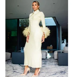 High Quality Women Sexy Long Sleeve Feathers Bodycon Bandage Long Dress Fashion Celebrate Evening Party Red Carept Dress