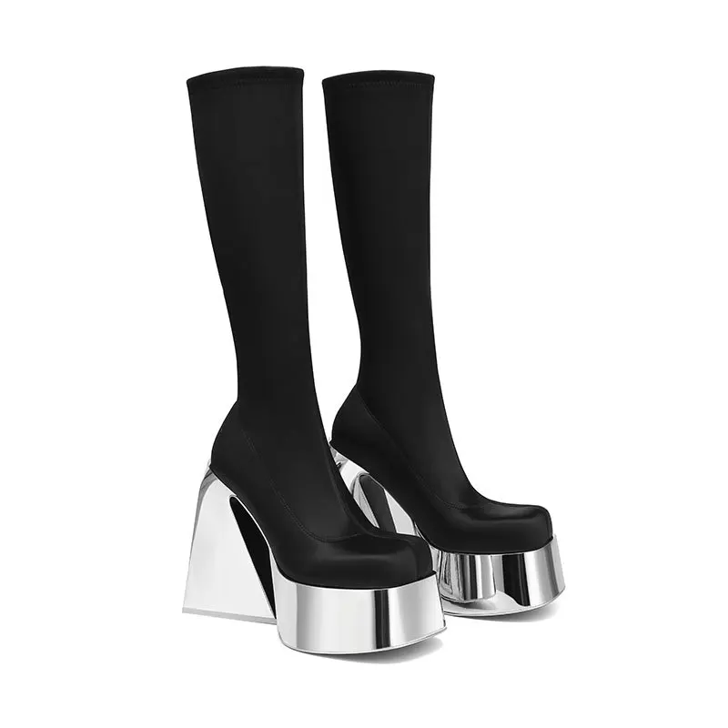 Silver Red Color Waterproof Platform Boots Ultra High Heel Square Head Fashion Women\'s Boots Steel Pipe Dance Stage Boots 35-43