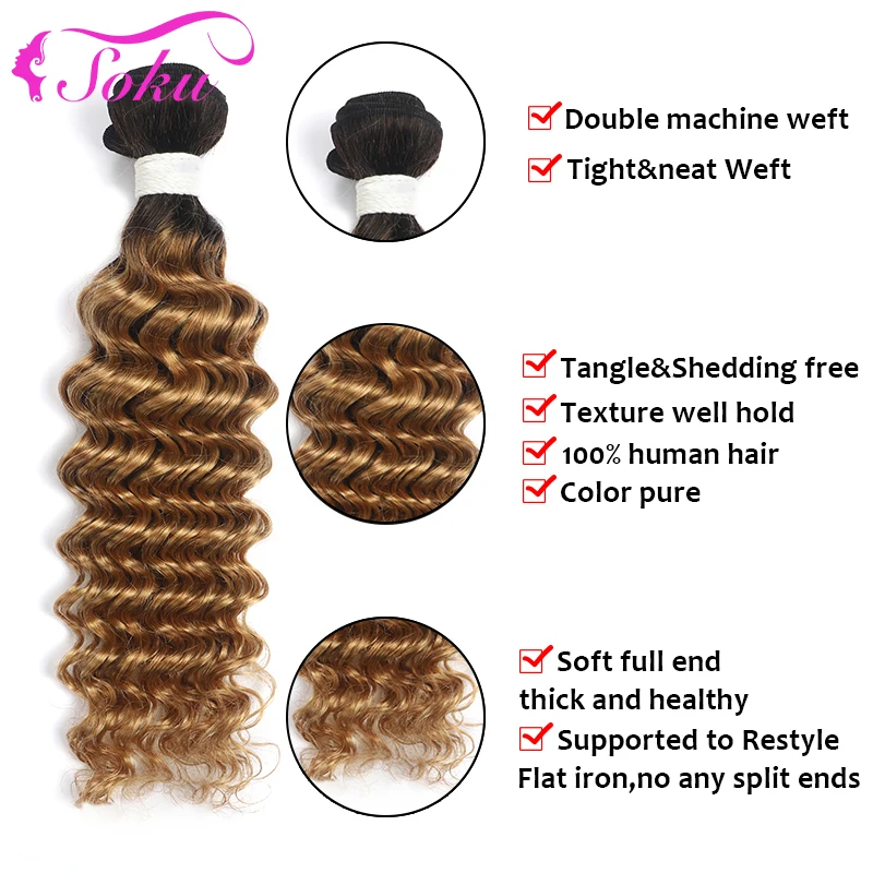 Tissage en lot Deep Wave brésilien Remy avec Lace Closure – SOKU, cheveux naturels, blond ombré, 13x4, avec Frontal
