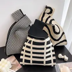 Handmade Knit Handbag Women Mini Knot Wrist-bag Female Casual Color Wide Stripe Plaid Tote Bag Student Reusable Shopping Bag