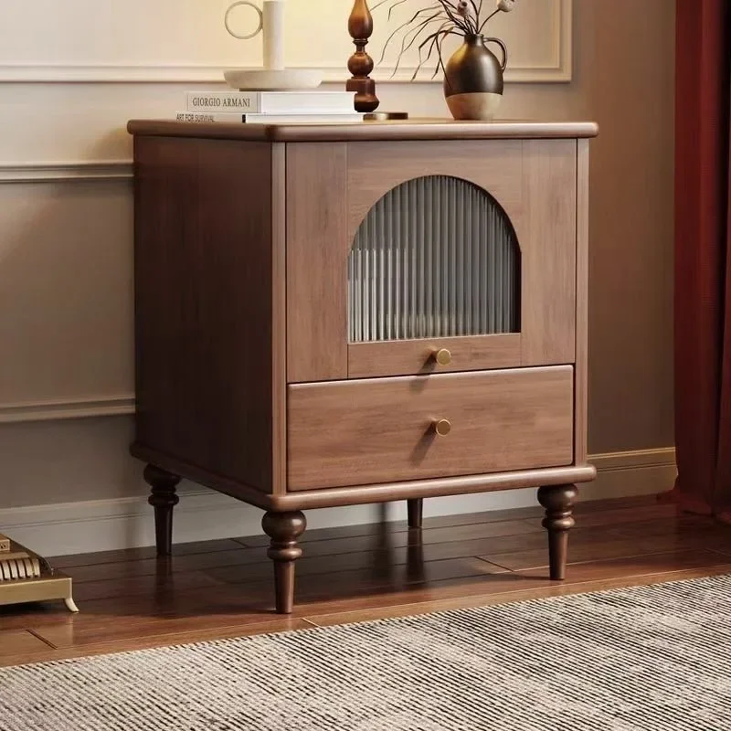 

French retro solid wood bedside table, bedroom small apartment, American medieval black storage cabinet, new bedside table