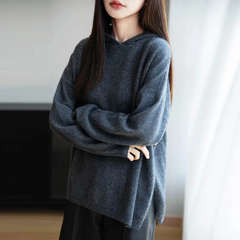 

Модный женский пуловер, новинка, 100% мериносовая шерсть, с капюшоном, однотонная вязаная широкая осенне-зимняя удобная верхняя одежда, приятная для кожи