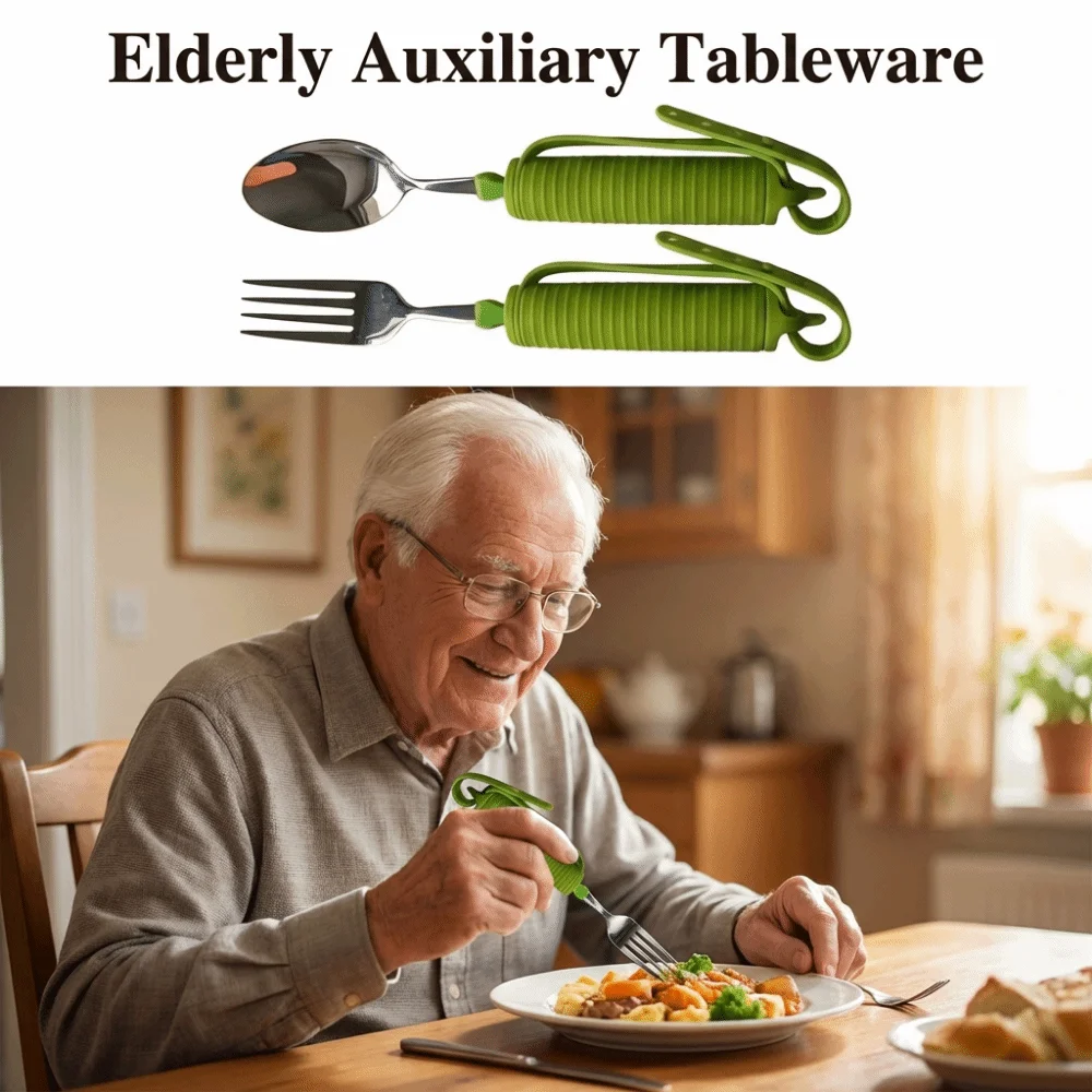 Anti-Shake Stainless Steel Fork and Spoon Portable Ergonomic Elderly Auxiliary Tableware Safe Feeding Lightweight Food Aid Spoon