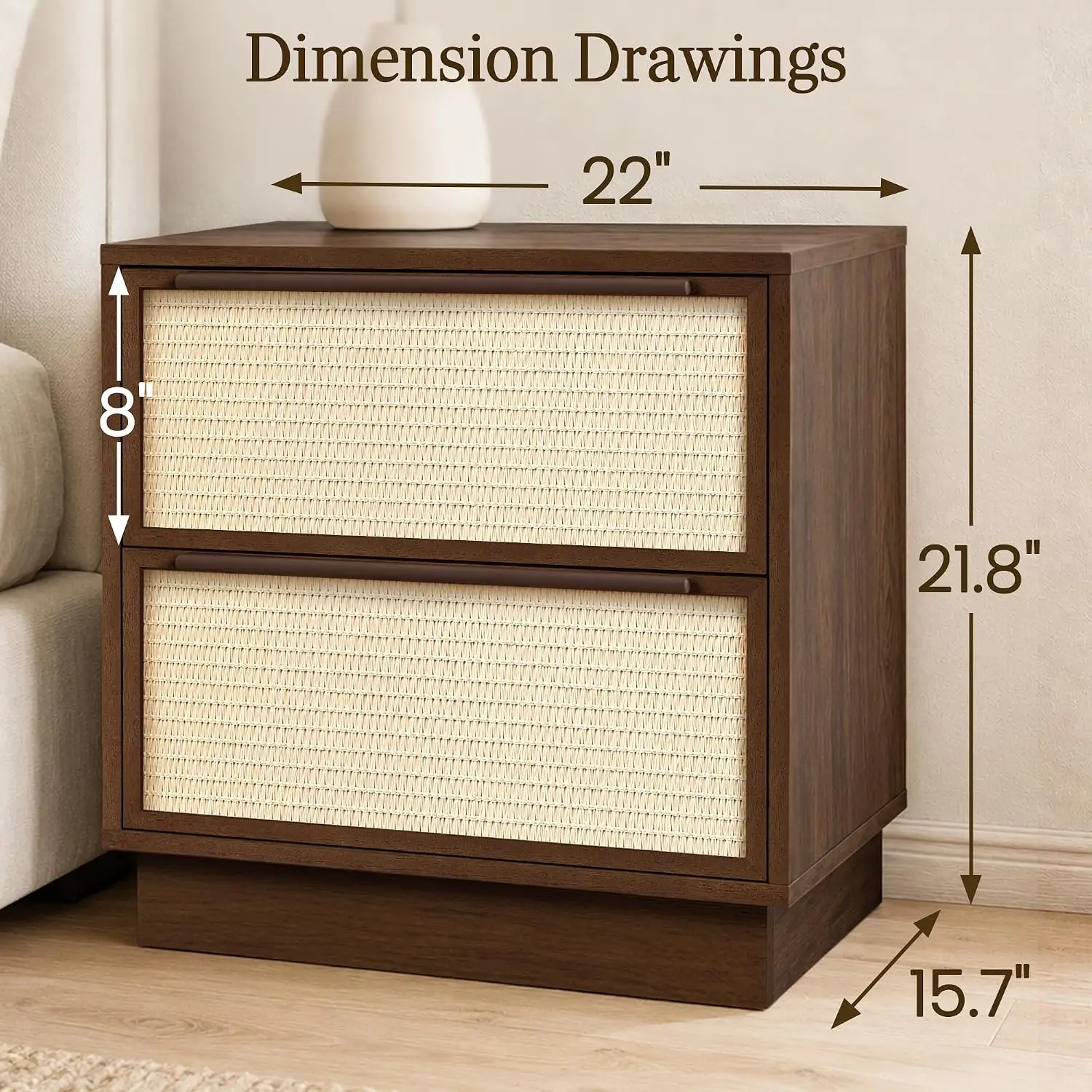 Dark Walnut 2-Drawer Nightstand, Rattan-Look Woven Bedside Table, Customized