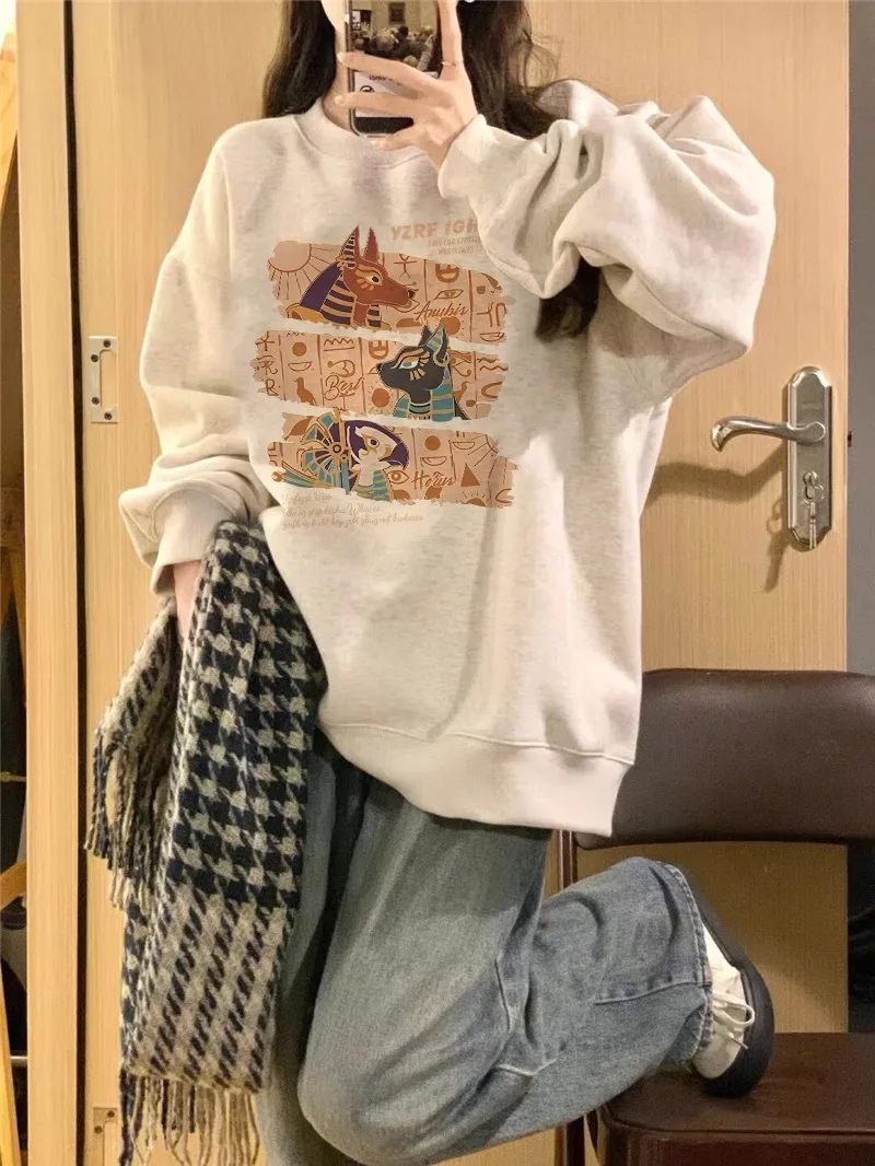 American Retro Print Sweatshirt Women Autumn Winter 2025New high quality O-Neck Loose Casual Warm Hoodie Y2K Top Female clothing