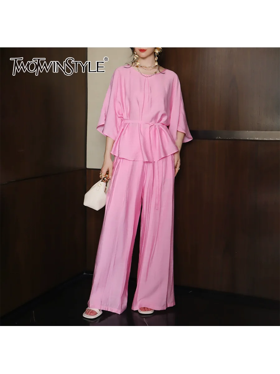 

TWOTWINSTYL Solid Loose Two Piece Sets for Women Round Neck Half Sleeves Spliced Lace Up Top High Waist Wide Leg Pant Set Female