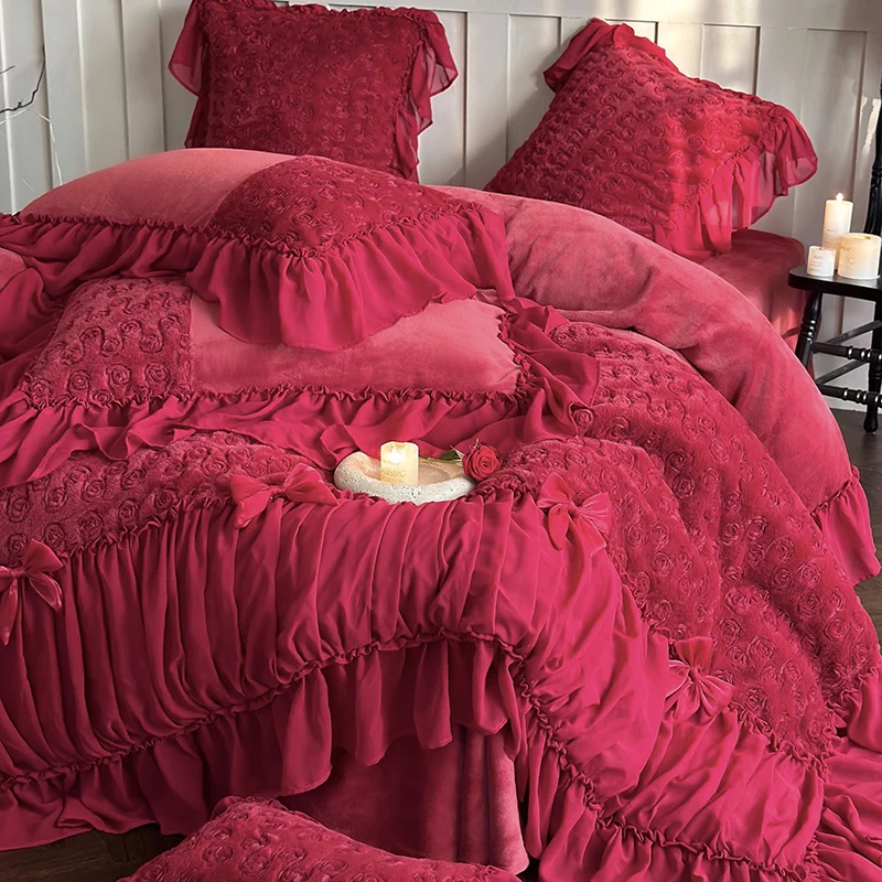 French Romantic Wedding Bedding Set, Milk Fleece Queen Size 4-Piece, Winter Flannel Sheets, Ultra Soft & Warm Duvet Covers