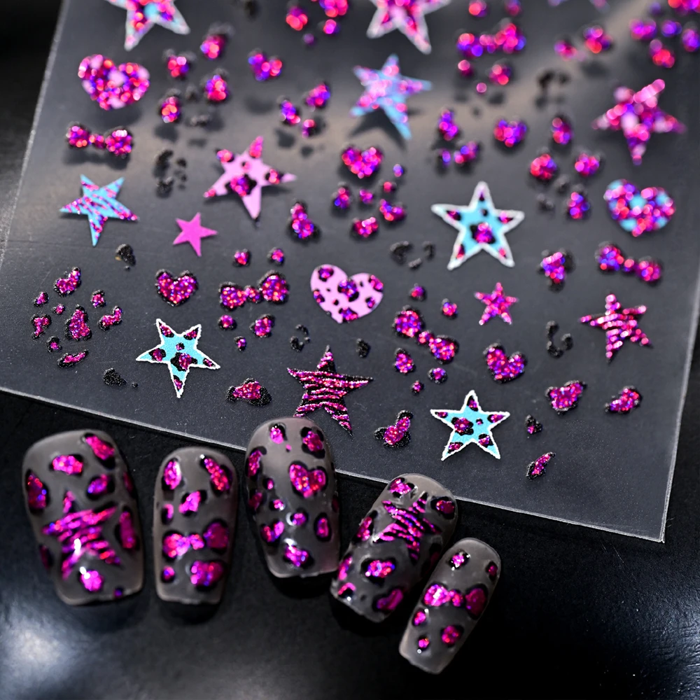 1/2pcs 5D Sexy Leopard Print Star/Heart/Bow Nail Stickers 5-Color Shiny Y2K Stars Self-adhesive Decals Leopard Nail Art Supplies