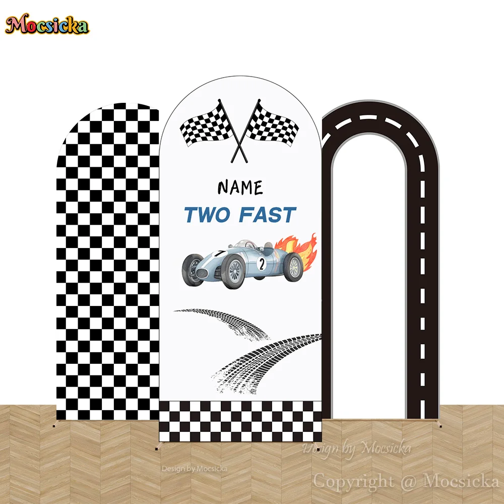 

Two Fast Racing Car Arch Cover Backdrop Baby Boy 1st Birthday Party Custom Name Background Checkered Chiara Wall Photozone Props