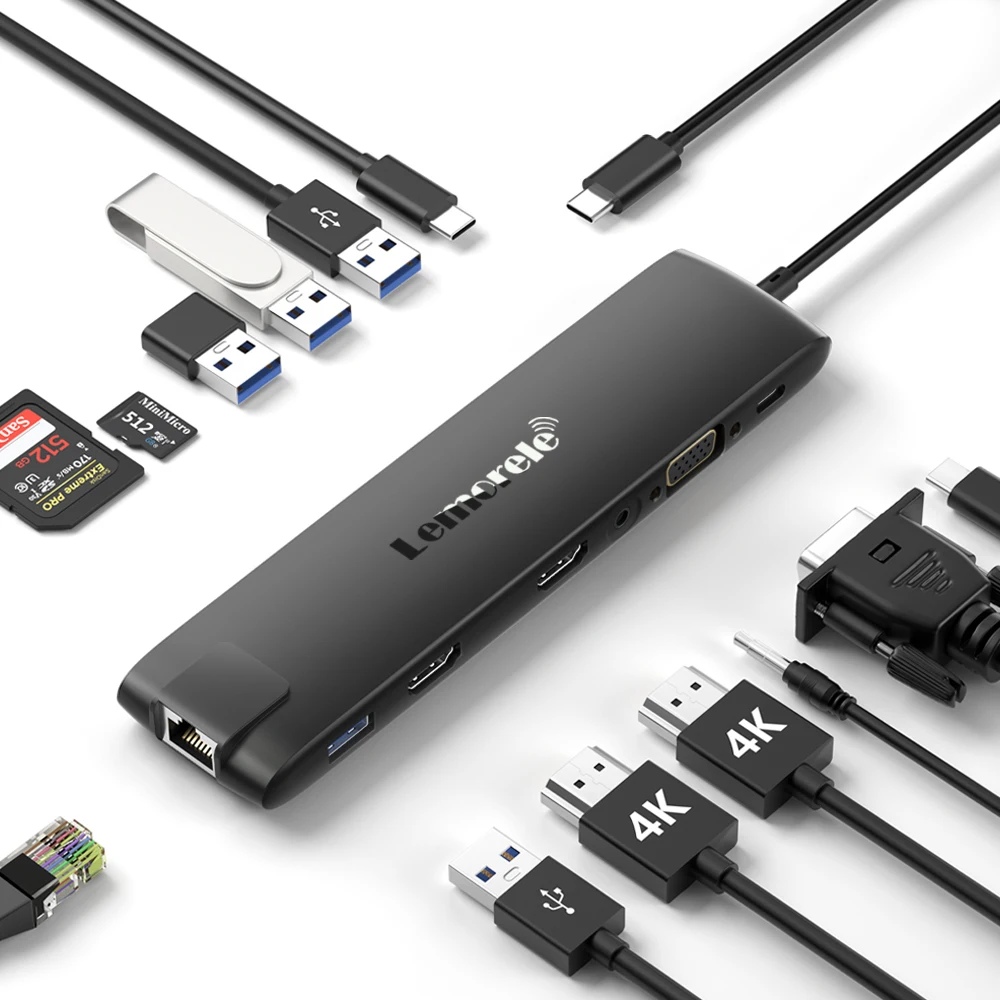 

Lemorele TC96 USB Hub 3.0 Docking station Type-C to 4K HDMI RJ45 PD 100W 3.5mm SD&TF USB 3.1 for windows MacOS Laptop lenovo
