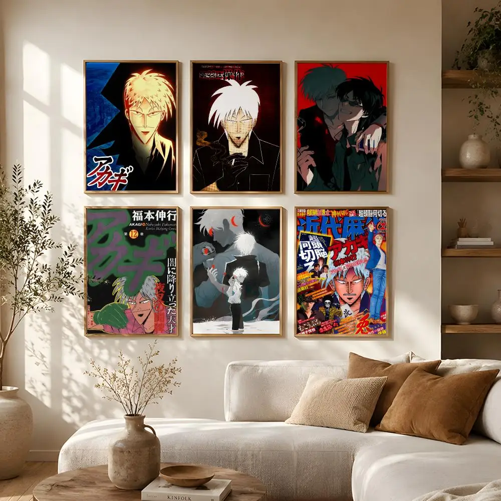 Gambling Anime Akagi Mahjong Poster Self-adhesive Waterproof Paper Sticker Art Coffee House Bar Room Wall Decor